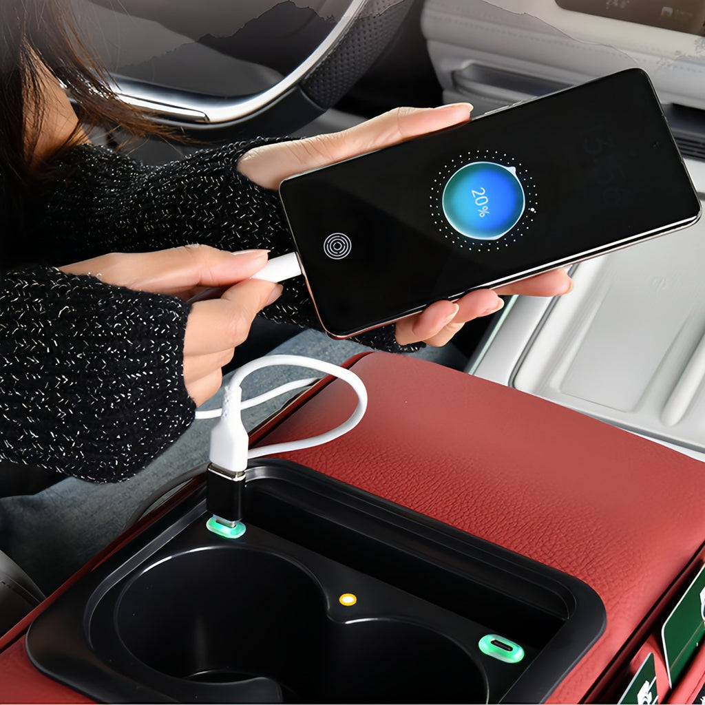 Car Center Console Cover, Armrest Pad with USB LED Light Projection 2 Storage Pockets, Cup Holder, Tissue Box Slot, Universal fit